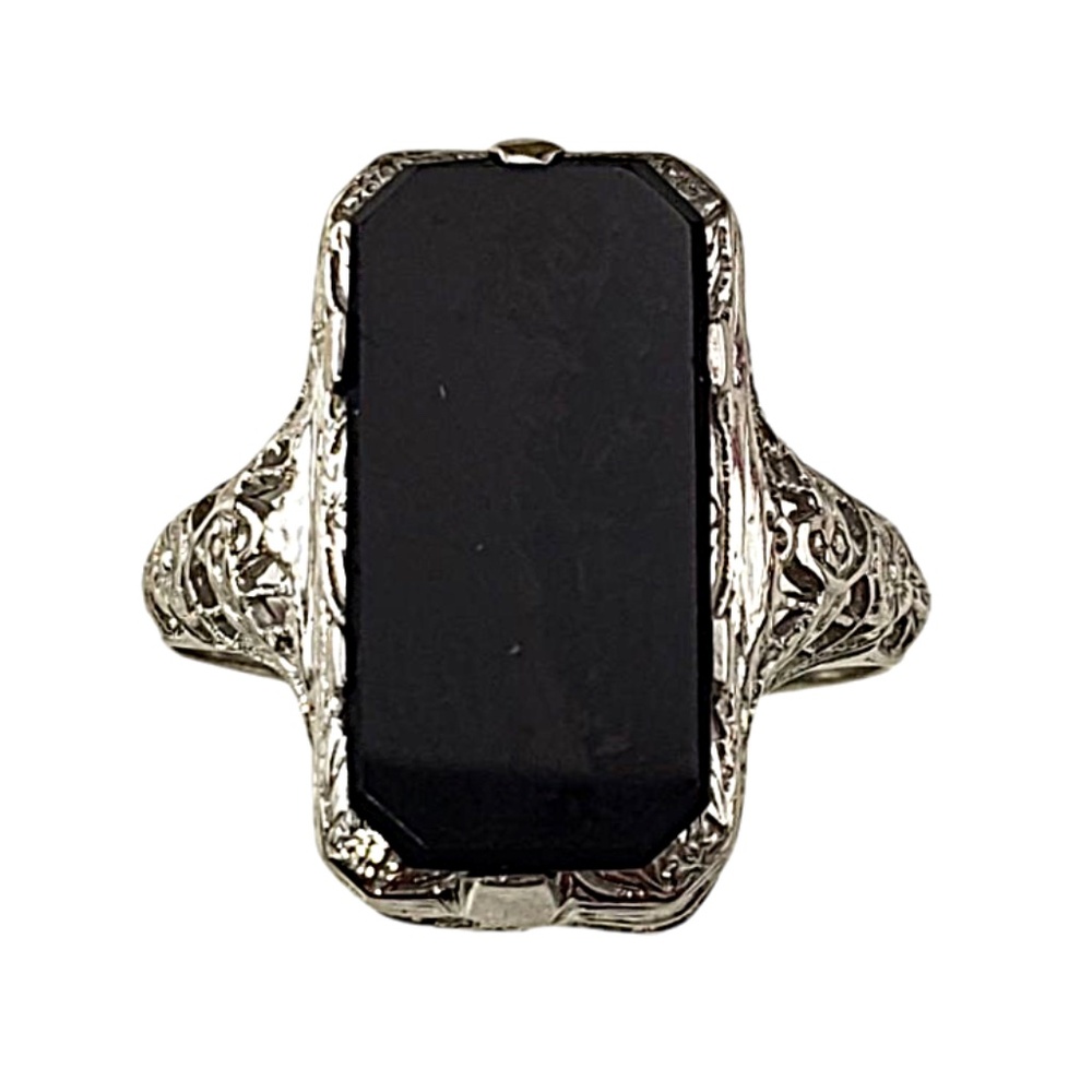 Antique 16 - 18 Karat White Gold and Onyx Ring Size 5.75-6 #21603
